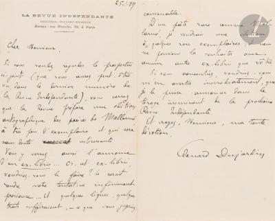 Lettre de Edouard Dujardin à [Félicien] [Rops]. Paris, 79 rue Blanche, 1887/01/25. Paris, Vente Ader du 16 juin 2025, Ader47a