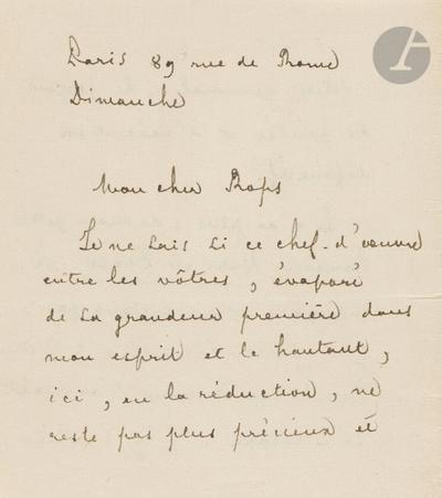 Lettre de Stéphane Mallarmé à Félicien Rops. Paris, 89 Rue de Rome, 1895/03/10. Paris, Vente Ader du 6 juin 2025, Ader102