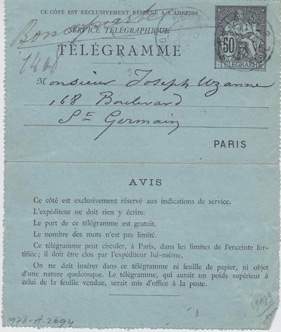 Télégramme de Félicien Rops à Joseph Uzanne. s.l., 0000/00/10. Paris, Fondation Custodia, 1978/A/2694