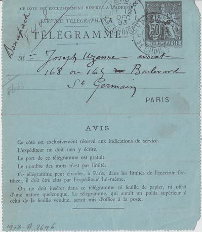 Télégramme de Félicien Rops à Joseph Uzanne. [Paris], 1893/12/12. Paris, Fondation Custodia, 1978/A/2696