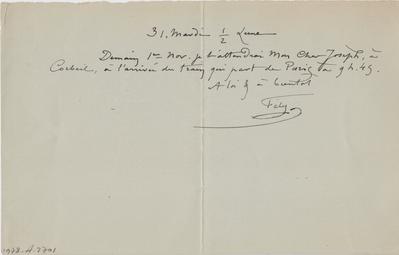 Lettre de Félicien Rops à Joseph [Uzanne]. Corbeil-Essonnes, 0000/10/31. Paris, Fondation Custodia, 1978/A/2701