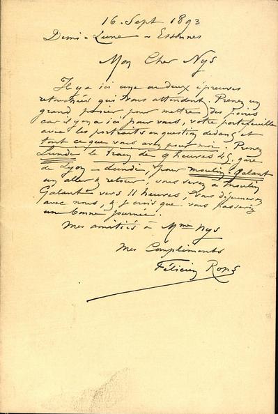 Lettre de Félicien Rops à [François] Nys. Corbeil-Essonnes, 1893/09/16. Paris, Ancienne collection du Musée des lettres et manuscrits, 2621