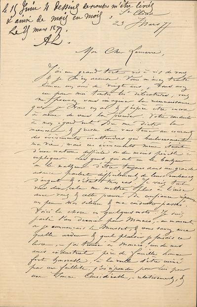 Lettre de Félicien Rops à [Alphonse] Lemerre. Saint-Cloud, 1877/03/23. Paris, Ancienne collection du Musée des lettres et manuscrits, 35120/1