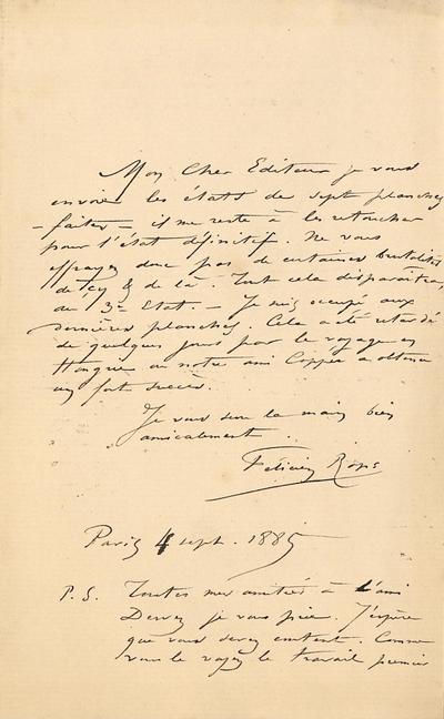 Lettre de Félicien Rops à [Alphonse] [Lemerre]. Paris, 1885/09/04. Paris, Ancienne collection du Musée des lettres et manuscrits, 35120/4