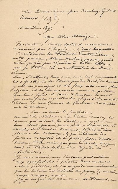 Lettre de Félicien Rops à Jean Alboize. Corbeil-Essonnes, 1893/04/12. Paris, Ancienne collection du Musée des lettres et manuscrits, 35909