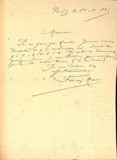 Lettre de Félicien Rops à Inconnu. Paris, 1885/10/01. Paris, Ancienne collection du Musée des lettres et manuscrits, 36836