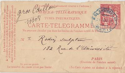 Carte-Télégramme de Félicien Rops à [Auguste] Rodin. [Paris], 1885/01/21. Paris, Musée Rodin, 5386/1