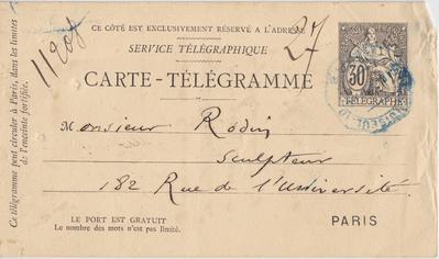 Carte-Télégramme de Félicien Rops à [Auguste] Rodin. [Paris], 1886/01/18. Paris, Musée Rodin, 5386/2