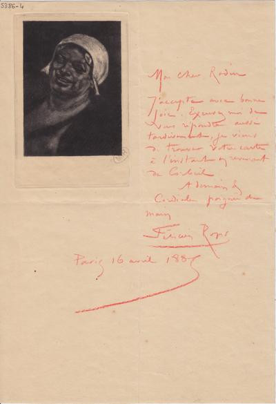 Lettre avec épreuve de Félicien Rops à [Auguste] Rodin. Paris, 1885/04/16. Paris, Musée Rodin, 5386/4