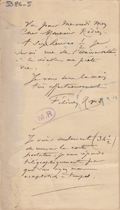 Carte-Télégramme de Félicien Rops à [Auguste] Rodin. [Paris], 1885/01/12. Paris, Musée Rodin, 5386/5