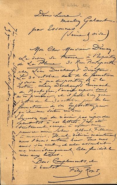 Lettre de Félicien Rops à Edmond Deman. Corbeil-Essonnes, 1894/10/19. Paris, Ancienne collection du Musée des lettres et manuscrits, 65373