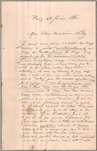 Lettre de Félicien Rops à [Jules] Noilly. Paris, 1880/02/28. Paris, Ancienne collection du Musée des lettres et manuscrits, 67428