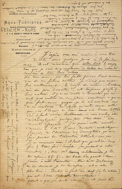 Lettre de Félicien Rops à [Henri ?] [Liesse ?]. [Paris], 1875/06/22. Paris, Ancienne collection du Musée des lettres et manuscrits, 68207/1