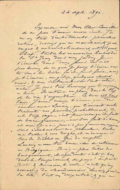 Lettre de Félicien Rops à Camille [Lemonnier]. s.l., 1890/09/24. Paris, Ancienne collection du Musée des lettres et manuscrits, 68546