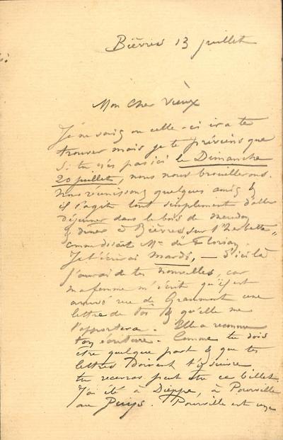 Lettre de Félicien Rops à Inconnu. Bièvres, 1884/07/13. Paris, Ancienne collection du Musée des lettres et manuscrits, 68663/2