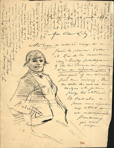 Lettre de Félicien Rops à Léon [Dommartin]. Paris, 1884/10/14. Paris, Ancienne collection du Musée des lettres et manuscrits, 69194