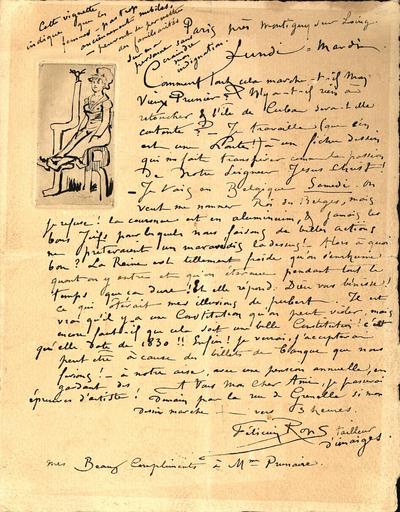 Lettre de Félicien Rops à [Alfred] Prunaire. Paris, 0000/00/00. Paris, Ancienne collection du Musée des lettres et manuscrits, 69338