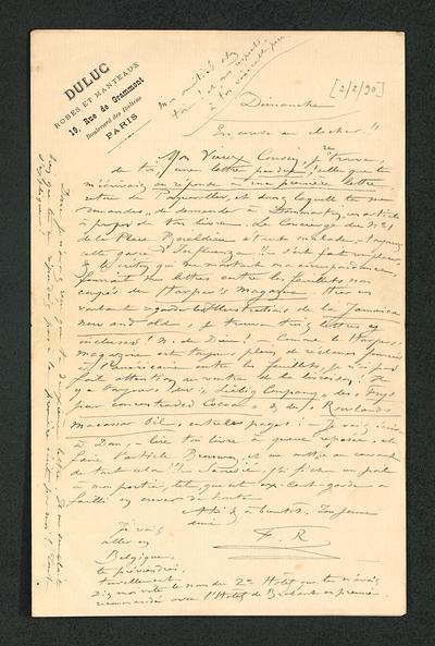 Lettre de Félicien Rops à [Eugène] [Demolder]. [Paris], 1890/02/02. Paris, Ancienne collection du Musée des lettres et manuscrits, 72039/10