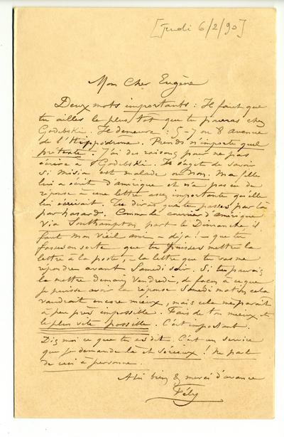 Félicien Rops à Eugène [Demolder]. [Paris], 1890/02/06. Paris, Ancienne collection du Musée des lettres et manuscrits, 72039/11