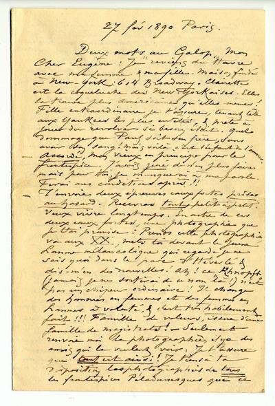 Lettre de Félicien Rops à Eugène [Demolder]. Paris, 1890/02/27. Paris, Ancienne collection du Musée des lettres et manuscrits, 72039/12