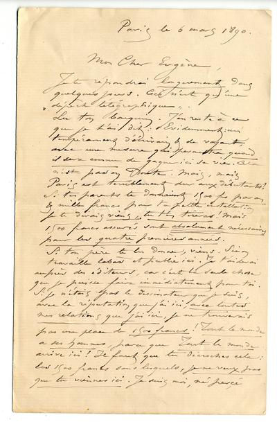 Lettre de Félicien Rops à Eugène [Demolder]. Paris, 1890/03/06. Paris, Ancienne collection du Musée des lettres et manuscrits, 72039/13