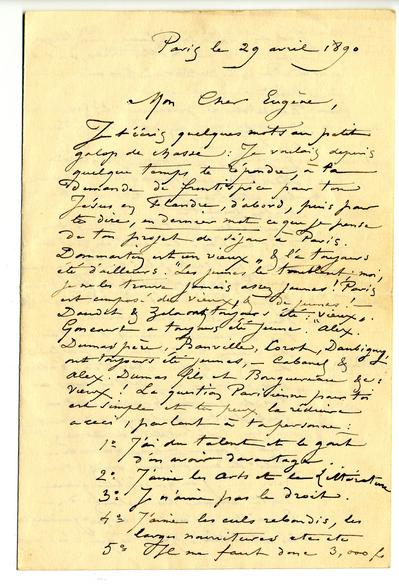Lettre de Félicien Rops à Eugène [Demolder]. Paris, 1890/04/29. Paris, Ancienne collection du Musée des lettres et manuscrits, 72039/15