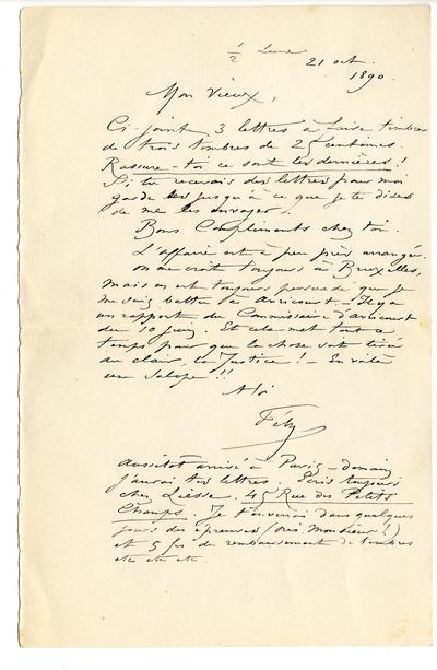 Lettre de Félicien Rops à [Eugène] [Demolder]. Corbeil-Essonnes, 1890/10/21. Paris, Ancienne collection du Musée des lettres et manuscrits, 72039/17