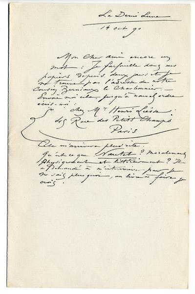 Lettre de Félicien Rops à [Eugène] [Demolder]. Corbeil-Essonnes, 1890/10/14. Paris, Ancienne collection du Musée des lettres et manuscrits, 72039/21