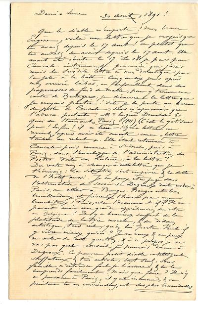 Lettre de Félicien Rops à Eugène [Demolder]. Corbeil-Essonnes, 1891/08/30. Paris, Ancienne collection du Musée des lettres et manuscrits, 72039/24