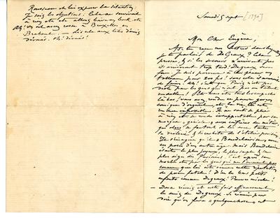 Lettre de Félicien Rops à Eugène [Demolder]. [Paris], 1891/09/05. Paris, Ancienne collection du Musée des lettres et manuscrits, 72039/25