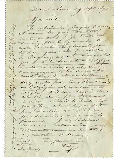 Télégramme de Félicien Rops à [Eugène] [Demolder]. Corbeil-Essonnes, 1891/09/09. Paris, Ancienne collection du Musée des lettres et manuscrits, 72039/26