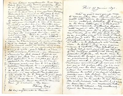 Lettre de Félicien Rops à Eugène [Demolder]. Paris, 1893/01/27. Paris, Ancienne collection du Musée des lettres et manuscrits, 72039/27