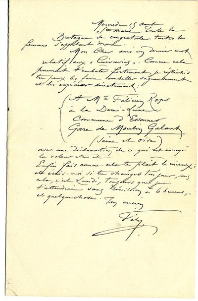 Lettre de Félicien Rops à [Eugène] [Demolder]. s.l., 1894/08/15. Paris, Ancienne collection du Musée des lettres et manuscrits, 72039/31
