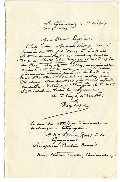 Lettre de Félicien Rops à Eugène [Demolder]. Saint-Méloir-des-Ondes, 1894/08/20. Paris, Ancienne collection du Musée des lettres et manuscrits, 72039/32