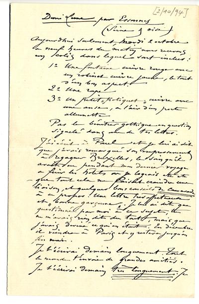 Lettre de Félicien Rops à [Eugène] [Demolder]. Corbeil-Essonnes, 1894/10/02. Paris, Ancienne collection du Musée des lettres et manuscrits, 72039/33