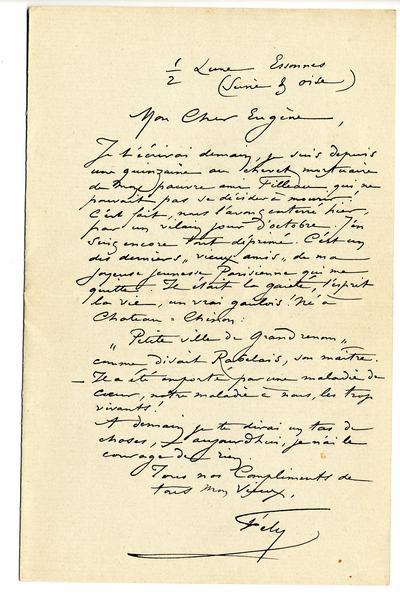 Lettre de Félicien Rops à Eugène [Demolder]. Corbeil-Essonnes, 1894/10/19. Paris, Ancienne collection du Musée des lettres et manuscrits, 72039/35