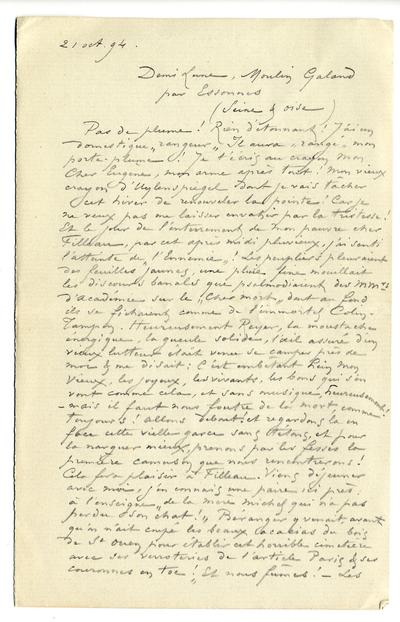 Lettre de Félicien Rops à Eugène [Demolder]. Corbeil-Essonnes, 1894/10/21. Paris, Ancienne collection du Musée des lettres et manuscrits, 72039/36