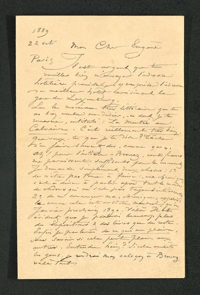 Lettre de Félicien Rops à Eugène [Demolder]. Paris, 1889/10/22. Paris, Ancienne collection du Musée des lettres et manuscrits, 72039/4