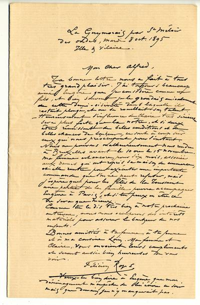 Lettre de Félicien Rops à Alfred [Demolder]. Saint-Méloir-des-Ondes, 1895/10/08. Paris, Ancienne collection du Musée des lettres et manuscrits, 72039/40