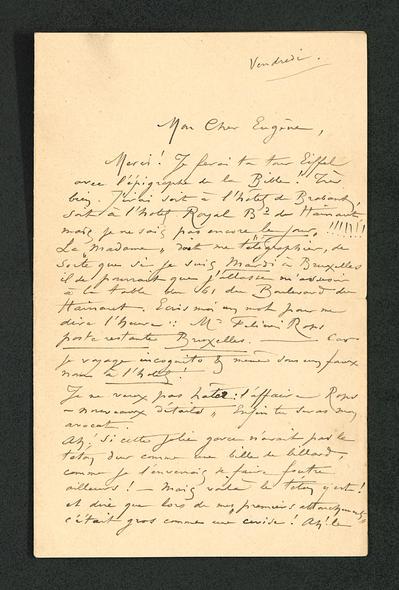 Lettre de Félicien Rops à Eugène [Demolder]. [Paris], 1889/10/25. Paris, Ancienne collection du Musée des lettres et manuscrits, 72039/6