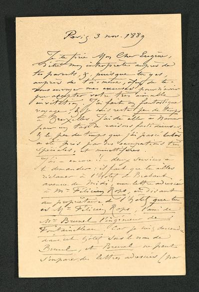 Félicien Rops à Eugène [Demolder]. Paris, 1889/11/03. Paris, Ancienne collection du Musée des lettres et manuscrits, 72039/7