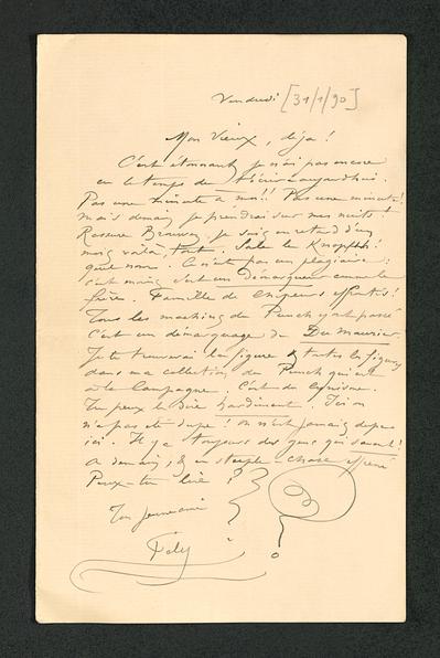 Félicien Rops à [Eugène] [Demolder]. [Paris], 1890/01/31. Paris, Ancienne collection du Musée des lettres et manuscrits, 72039/9