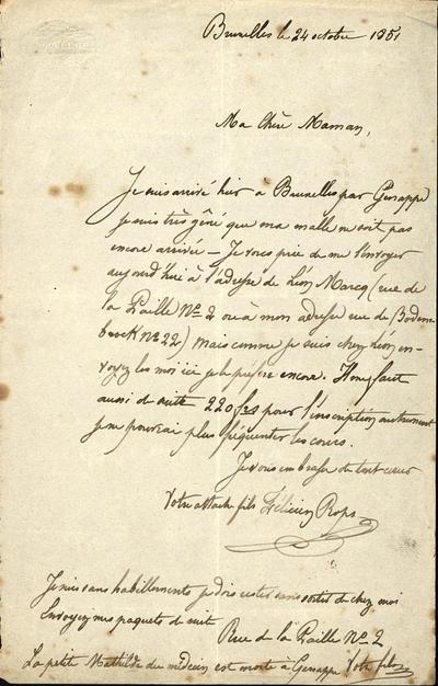 Lettre de Félicien Rops à [Sophie] Maman [Rops-Maubille]. Bruxelles, 1851/10/24. Paris, Ancienne collection du Musée des lettres et manuscrits, 72040/1