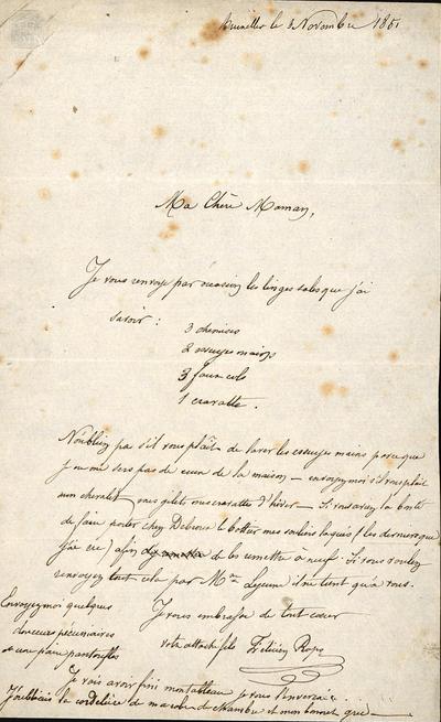 Lettre de Félicien Rops à [Sophie] Maman [Rops-Maubille]. Bruxelles, 1851/11/03. Paris, Ancienne collection du Musée des lettres et manuscrits, 72040/2