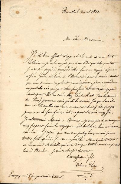 Lettre de Félicien Rops à [Sophie] Maman [Rops-Maubille]. Bruxelles, 1852/04/02. Paris, Ancienne collection du Musée des lettres et manuscrits, 72040/4