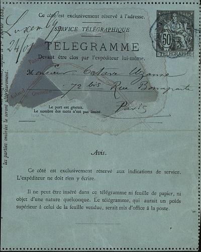 Télégramme de Félicien Rops à Octave Uzanne. [Paris], s.d. Paris, Ancienne collection du Musée des lettres et manuscrits, 73515