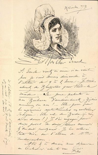 Lettre de Félicien Rops à Ernest Hermant. [Bruxelles], 1873/11/00. Paris, Ancienne collection du Musée des lettres et manuscrits, 73872