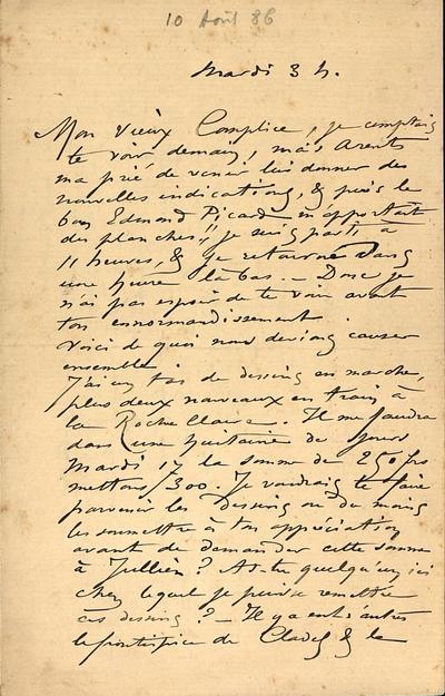 Lettre de Félicien Rops à [Eugène] [Rodrigues]. s.l., 1886/08/10. Paris, Ancienne collection du Musée des lettres et manuscrits, 73926