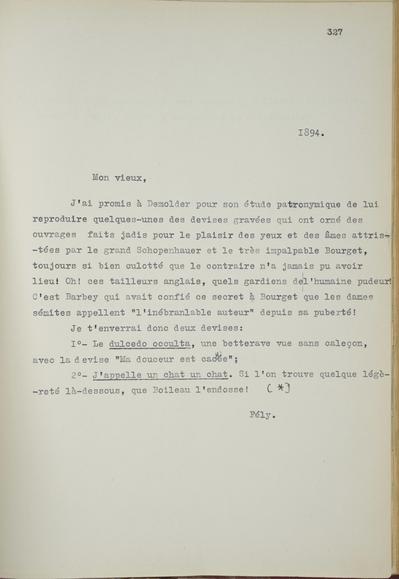 Copie non autographe réalisée par Lefebvre - Kunel de Félicien Rops à [Henri] [Liesse]. s.l., 1894/00/00. Bruxelles, musées Royaux des Beaux-Arts de Belgique, 8811/t5/p327