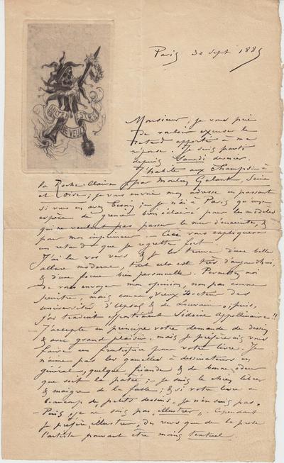 Lettre avec épreuve de Félicien Rops à Inconnu. Paris, 1885/09/30. Province de Namur, musée Félicien Rops, Amis/LE/009